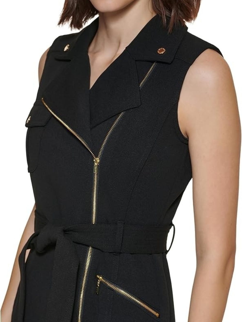 Nwt Calvin Klein Scuba Motto Black Sleeveless Zip Front Dress W/ gold Hardware